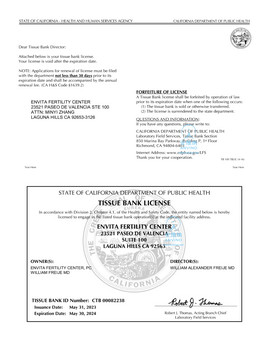 安维纳(Anvino) 合作中心加州人体组织库执照 | Anvino Partner: California Tissue Bank License - Certificate